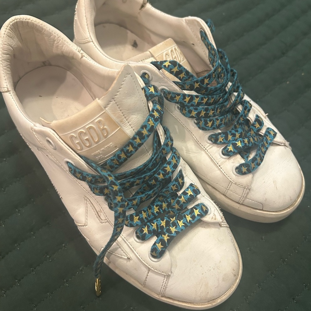 Golden Goose White Athletic Shoes with Blue Laces